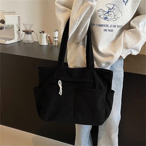 Image of Corduroy Tote Bag for Women, Multiple Pockets Large Hobo Shoulder Bag for Office & Shopping, Zipper Casual Handbags