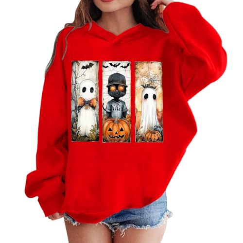 Girls Casual Sweatshirt Halloween Pumpkin Ghost Hoodies Long Sleeve Oversized Pullover Tops Trendy Fleece Clothes