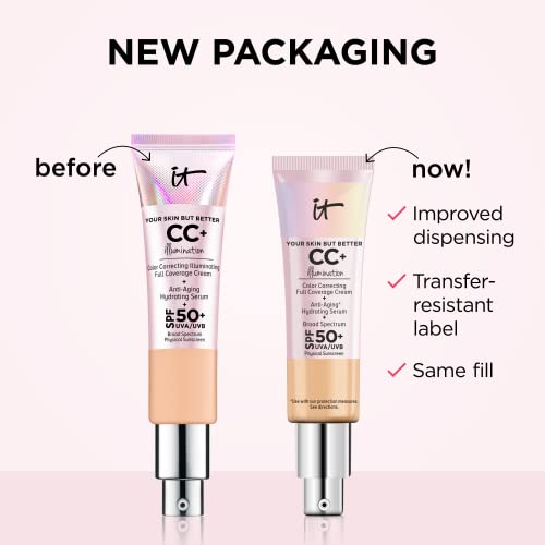 IT Cosmetics Your Skin But Better CC+ Cream Illumination, Light Medium (C) - Color Correcting Cream, Full-Coverage Foundation, Hydrating Serum & SPF 50+ Sunscreen - Radiant Finish - 1.08 fl oz