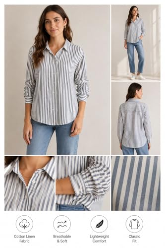Image of Women's Cotton Linen Striped Oversized Shirt, Regular Fit, Full Sleeve, Button Down, Soft and Breathable