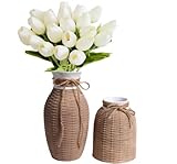 TERESA'S COLLECTIONS Brown Vase, Rustic Farmhouse Rattan Ceramic Vases for Tulip Flowers and Pampas Grass, Aesthetic Home Decor for Mantel, Living Room, Ideal Gift for Valentines Day-Set of 2, 10'