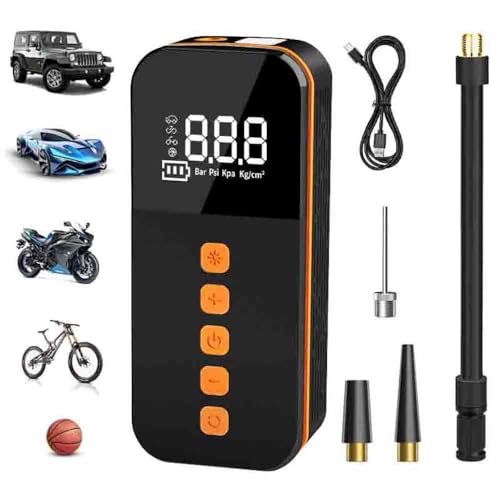 HFLYJPYW Tire Inflator cordless Portable Air Compressor, Electric Air Pump for Car Tires, 150 PSI Tire Pump with Digital emergency LED lights Pressure Gauge for Car, Motor, Bike, Ball