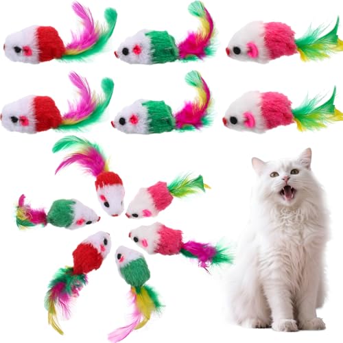 Gtziqa 12 Stück Katzenspielzeug Maus, Interaktives Spielzeug mit Federschwanz für Indoor Katzen, Realistische Plüschmäuse zum Jagen und Spielen...