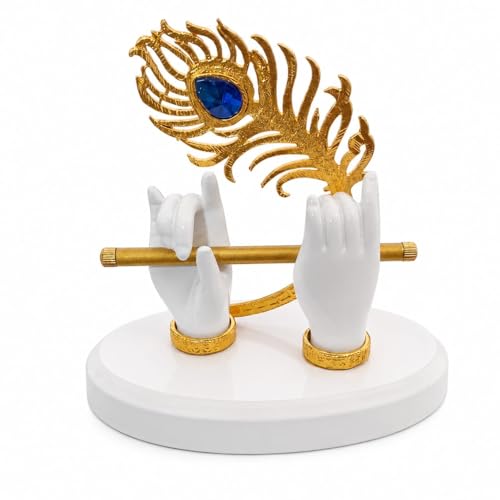 Image of Luxury Krishna Flute Hand Showpiece for Home Decor | Golden Peacock Feather with Blue Crystal Stone | Decorative Tabletop Statue for Living Room, Office & Gift