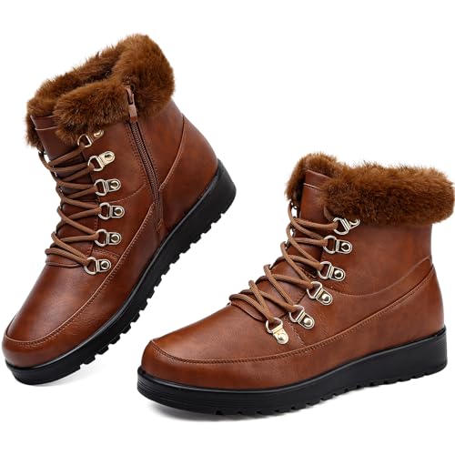 Chaoslook Womens Snow Boots Waterproof Leather Fur Lined Winter Warm Boots for Women Comfortable Platform Lace up PU Fashion Ankle Booties Brown 11
