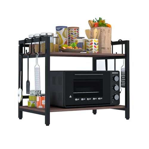 Image of wow craft 2-Layer Multipurpose Microwave Oven Stand & OTG Rack | Floor-Mount Kitchen Storage Shelf with Black Pipe Design | Engineered Wood & Metal Construction | Brown