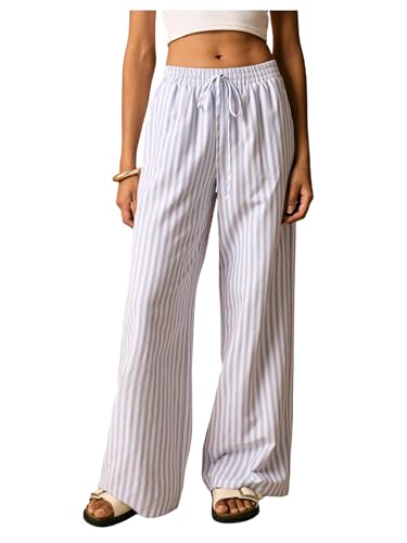 Floerns Women's Striped Straight Leg Pants Drawstring Elastic Waist Lounge Pants