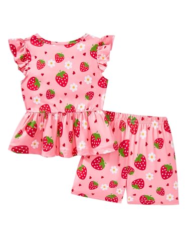 Image of Girls Summer Outfits Toddler Baby Girls Short Sets 2 Piece Clothing Set Flutter Sleeve Shirt and Short 2-7 Years