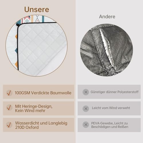 HAUSPROFI Picknickdecke Boho 200x200 cm, wasserdicht & isoliert - Outdoor Decke für Picknick, Strand, Camping, mit Baumwolle gepolstert, inkl. Tragegriff & Heringe, Tragbar, Waschbar & formstabil