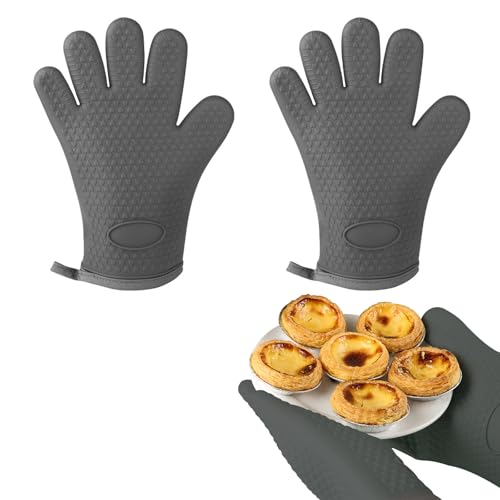 LeafBerry ミトン 耐熱 オーブンミトン 2 個セット シリコン製 5 本指 | 耐熱 300℃ やけど防止 防水滑り止め|汚れが目立たず耐久性 耐熱手袋/グローブ|オーブンレンジ/グリラー/バーベキュー用 ケーキ焼き/ホームベーカリー対応​ (グレー)