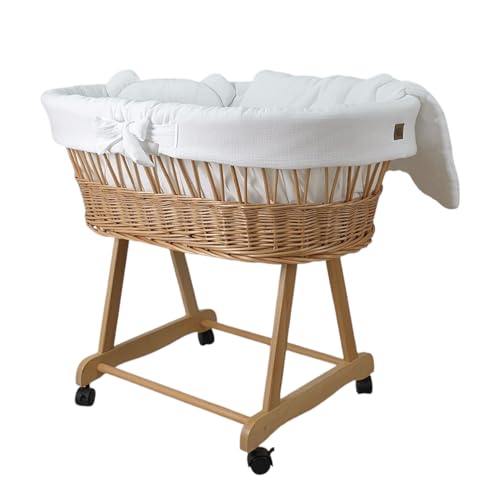 Wiklinopol Cestino Moses Amelia – Culla in vimini naturale con struttura e materasso – Set biancheria in mussola bianca – Cestino portatile ideale per neonati