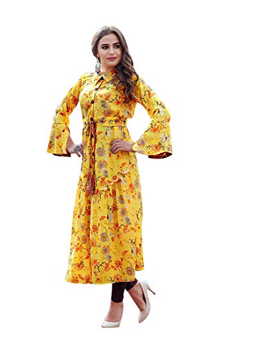Ladyline Womens Casual Floral Printed Rayon Tunic Top Long Maxi Dress Kurti Kurta  (Size_42/ Yellow)