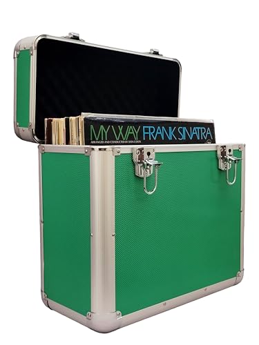 Image of MAGNA RETAIL Vinyl LP Storage Box | 12" Record Case | Heavy Duty Lockable Aluminium Box | Vinyl Record Storage | Large Capacity Holds Upto 50 | DJ Metal Case (Green)