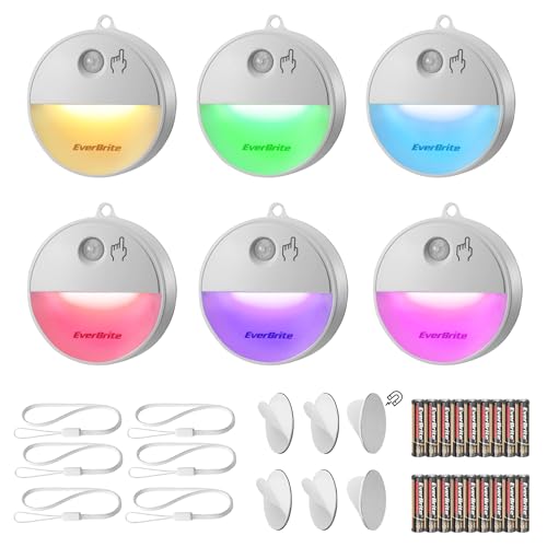 EverBrite LED Motion Sensor Night Light, Dimmable Night Lights with 15 RGB Colors, Cool White Motion Activated LED Night Light for Stairs, Hallways, Bathroom - with 18 AAA Batteries, 6-Pack