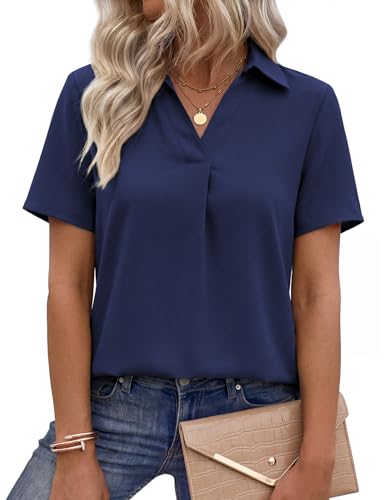 Image of PASUDA Womens Blouses Summer Short Sleeve V Neck Chiffon Blouse Elegant Ladies Tees Shirts Basic Tops Casual Loose Fit Work Shirts (Navy Blue, L)