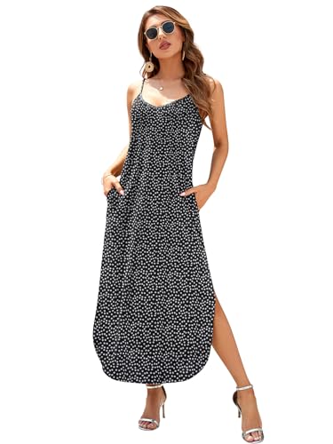 Image of HUSKARY Women's Summer Casual Sleeveless V Neck Strappy Split Loose Dress Beach Cover Up Long Cami Maxi Dresses with Pocket