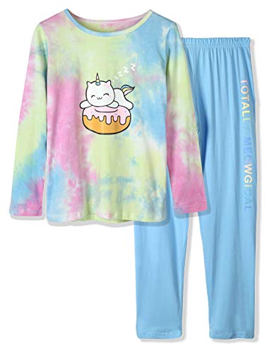Tebbis Trendy Tie Dye Sleepover Pajamas for Girls -100% Cotton Soft Avocado/Caticorn Cat Donut PJ Set Size 6-18