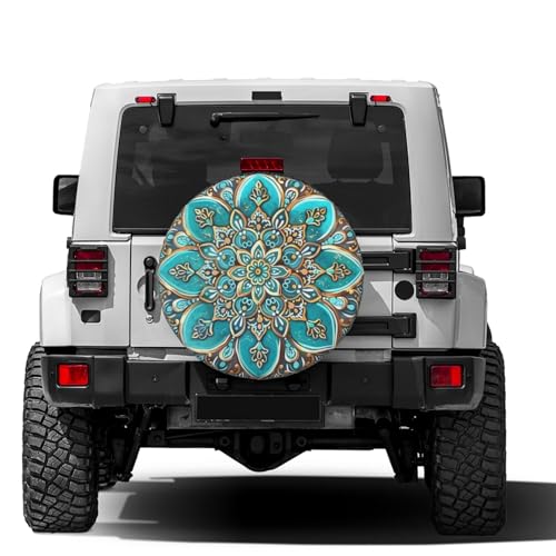 Image of KiuLoam Vintage Turquoise Teal Gold Mandala Spare Tire Cover Waterproof Dust-Proof Universal Sunscreen Wheel Tire Covers Fit for Trailer, RV, SUV and Many Vehicle 14 Inch