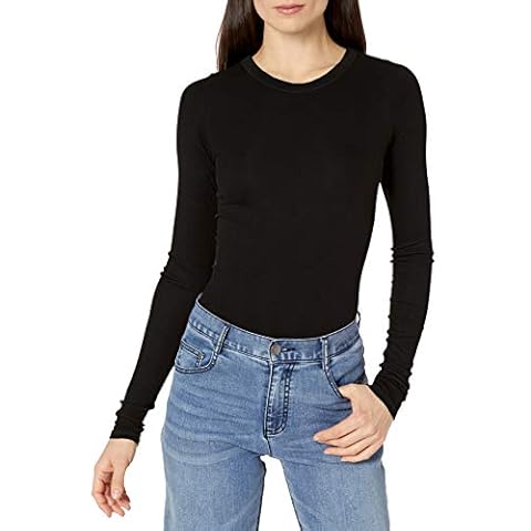 Enza Costa womens Stretch Silk Rib Fitted Long Sleeve Crew Neck Top T Shirt, Black, Small US Cover