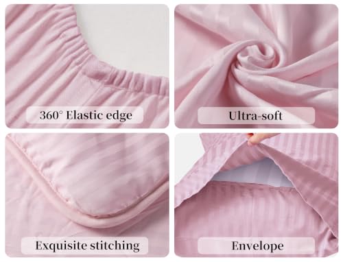 Image of ZPECC Toddler Bedding Set - 4 Piece Hypoallergenic Baby Crib Bedding Set for Boys and Girls, Includes Toddler Comforter, Flat Sheet, Fitted Sheet and Pillowcase, Pink Stripe