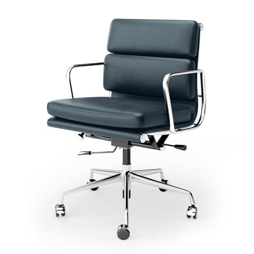 Image of Mid-Back Genuine Leather Office Chair, Padded Executive Desk Chair with Aluminum Arms and Base, Swivel Wheels with Lumbar Support & Tilting Function, Hight Adjustable, Silent Weheels, Dark Blue