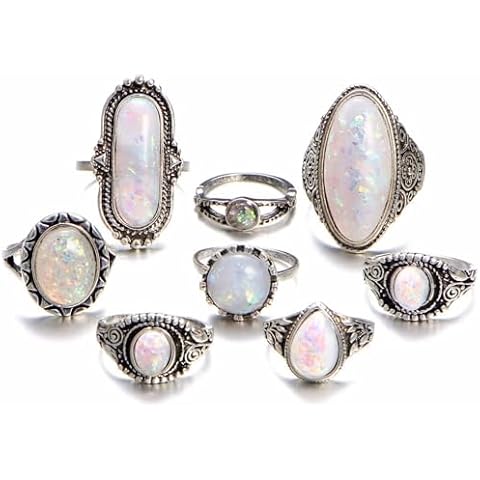 LMCIEZR 925 Sterling Silver 8PCS Silver Plated Ring Thin Stacking Ring for Women Statement Stackable moonstone ring Opal Gemstone Teardrop Midi Rings Cocktail Party Birthday for Women Gift Cover
