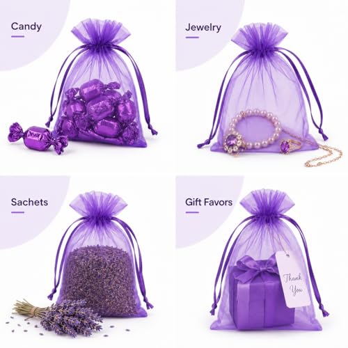 Image of Hopttreely Purple Organza Bags 5x7in, 50PCS Sheer Drawstring Gift Bags, Sheer Mesh Jewelry Pouches, Lavender Wedding Party Festival Gift Bag Candy Pouches for Mother's Day, Holiday Gifts, and Craft Fairs