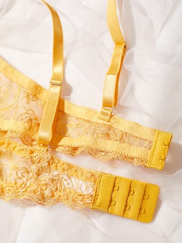 Image of Sexy Floral Embroidered Flower Mesh Underwire Push Up Lingerie Set