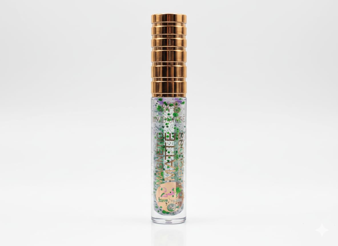 Wander Gloss Lip Oil with Green Glitter, Rose Gold Cap, Clear Tube