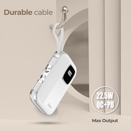 Image of Foxin ChargeX 10 Pocket Power Bank 10000mAh 22.5W Super Fast Charging | Type C & 8 Pin Dual Output Ports| Type C & USB Input & Output |Supports Android, Apple, Tablets | Built-in-Cable | White