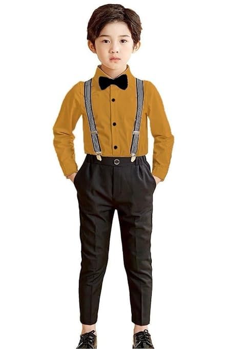 Image of SAGAR IMPEX Boys Cotton Blend Solid Full Sleeves Shirt and Pant Set with Suspender and Bow Tie | Clothing Set for Boys