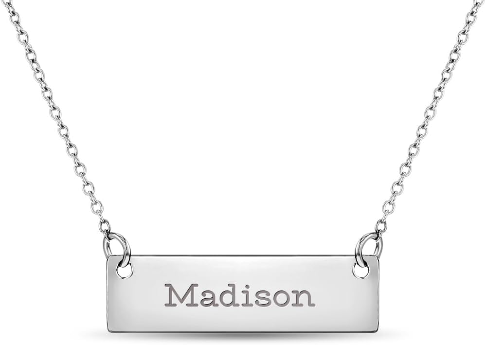 In Season Jewelry 925 Sterling Silver Polished Necklace Name Plate Pendant For Girls & Teens 16" - Beautiful Engravable Name Bar Necklace For Teenage Girls - A Meaningful and Unique Birthday Present