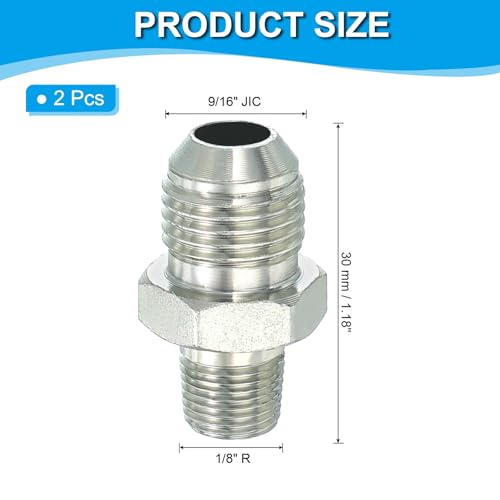 Image of PATIKIL Pipe Adapter Connector 9 /16 inch Male 74 Flare JIC x 1 /8 inch Male R Pipe Fitting 2 Pcs Oil Feed Restrictor Fitting Hydraulic Connector for Oil Steam Water Pipelines System