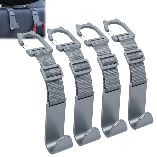 Image of Amooca Anti-drop Car Headrest Hooks 4 Pack Seat Organizer for Bags | Universal Fit Cars SUV Truck, Adjustable, Holds Backpack Water Bottle Handbags Groceries, 40lb Heavy Duty, Clip Design