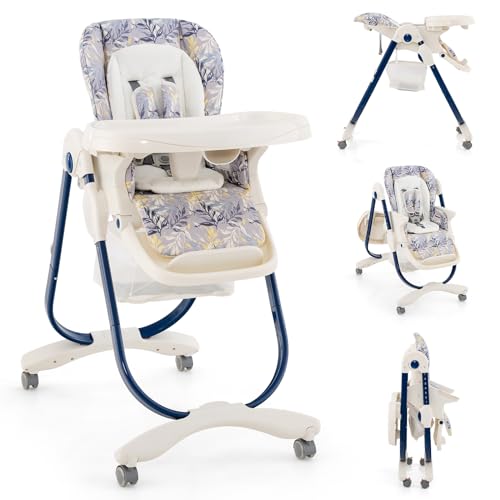 Image of BABY JOY Foldable Baby High Chair with Adjustable Height, Recline & Footrest, Double Removable Tray, Storage Basket, Portable High Chair with Wheels for Babies & Toddlers (Blue)