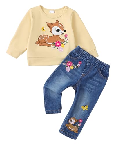 Image of Kucnuzki Toddler Baby Girl Clothes Long Sleeve Hoodie Crewneck Sweatshirt Denim Jeans Pants Fall Winter Baby Girl Outfit
