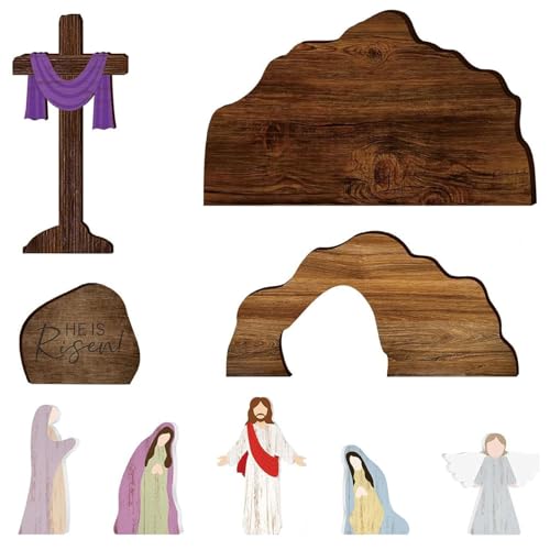 Décorations de Pâques crèche en bois et tombeau vide pour table - 8