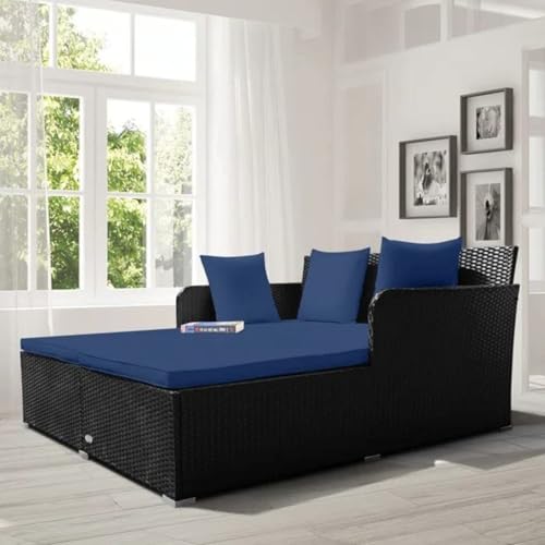 Image of BRISHI Outdoor /Pool Side /Garden /Balcony /Porch /Backyard /Terrace /Patio /Beach /Rectangular Sofa Sunbed Wicker and Rattan Daybed (Black-Blue)