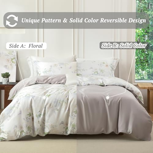 MILDLY Queen Size Duvet Cover Set 100% Long-Staple Cotton Luxury White Floral Patten Reversible Comforter Cover Set 3Pcs