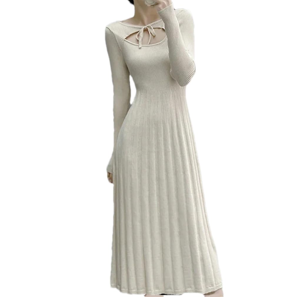 Vestido de punto midi sólido para mujer, con cordones, cuello medio abierto, manga larga, vestidos casuales delgados