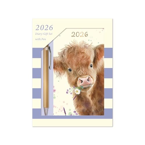 2026 Diary & Pen Gift Set Highland Cow - Slim Week to View Diary & Gold Ballpoint Pen Gift Box - Cute Animal Weekly Planner Travel Wallet Size