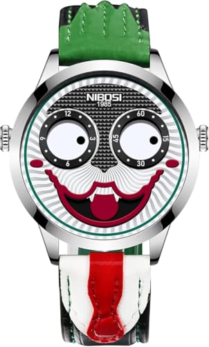 forlade Reloj de pulsera de cuarzo para hombre, diseño creativo, esfera grande, de cuarzo, impermeable, deportivo, diseño de cara de payaso (negro plateado), 2506, moda, silicona, cuero, acero