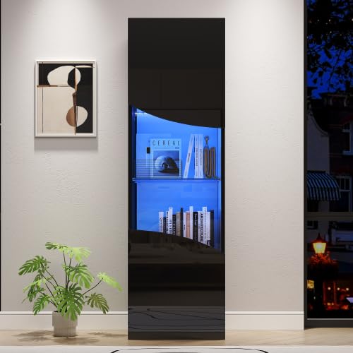 Merax Vitrina de 35 x 50 x 165 cm, vitrina de cristal brillante con control de aplicación LED, armario de vitrina con puerta de cristal y 4 estantes, vitrina de pie, armario multifunción, color negro