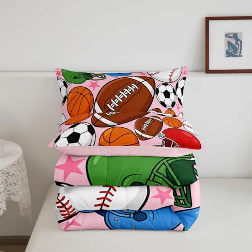 Image of Feelyou Football Bedding Set Soft for Boys Girls, Basketball Sports Comforter Set Full Size Baseball Gaming Duvet Quilt Microfiber Pink Soccer Ball Game Bedroom Decor 3 Pcs with 2 Pillow Cases