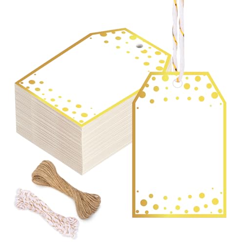 woric 100PCS Gift Tags with String Gold Foil Paper Tags for Gifts