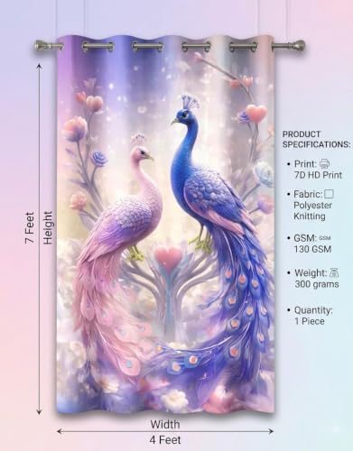 Image of Digital Printed Curtain with Pink Rose and Butterfly Design, 7 Feet, Grommet Top, White (2, Purple Mor, 7 Feet)