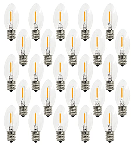 25 Pack C9 LED Christmas Pathway String Light Bulbs,Outdoor String Light Christmas Replacement Bulbs, 0.6W Equivalent to 7W, White Warm 2700K ,E17 Base Edison LED Light Bulbs, Clear Glass