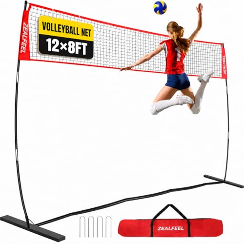 ZEALFEEL Volleyball Net, 12FT Volleyball Training Net for Backyard Height Adjustable, Portable Freestanding Practice Net for Hitting & Serving Drills, Pop up Nets with Carry Bag for Indoor Outdoor
