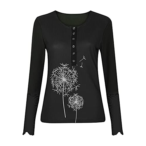 Women Sexy Half Buttoned Sweatshirts, Lace Hollowed Splicing Long Sleeve Crewneck Blouses Dandelions Print Fall Clothes Black #TOP4
