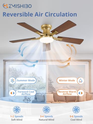 Image of ZMISHIBO 42 Inch Ceiling Fans with Lights, Remote&App Control, Flush Mount | Low Profile, Dimmable 20W LED Light, Quiet Reversible Motor, Strong Airflow, Easy Install for Bedroom /Living Room /Apt, Gold